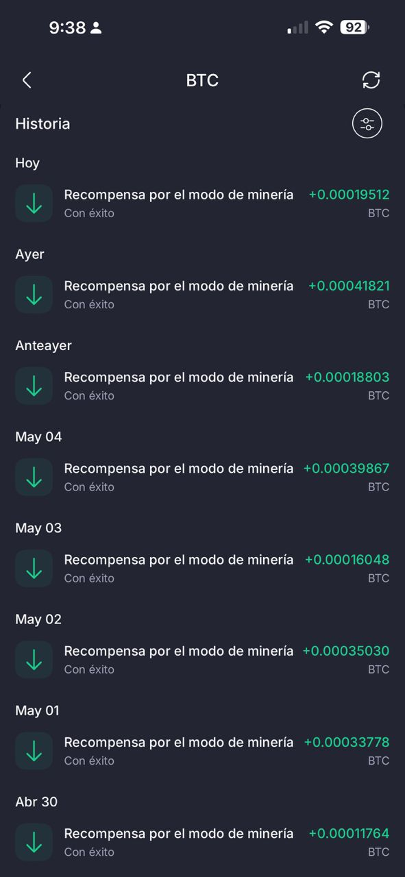 Historial de Bitcoin recibido día a día